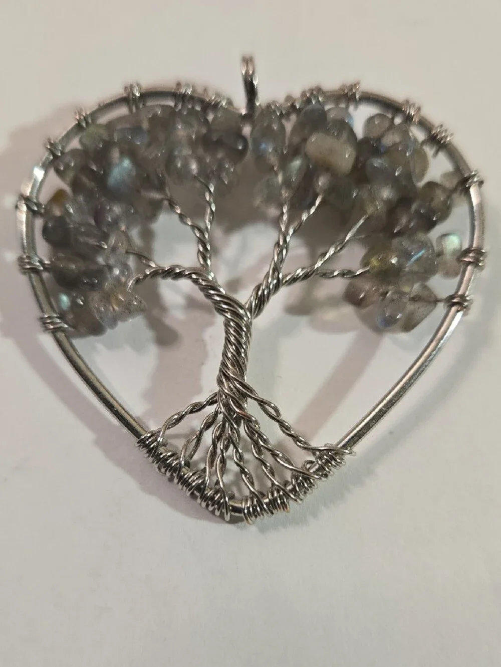 Silver Wire Tree of Life Heart Pendant with Gray Gemstones